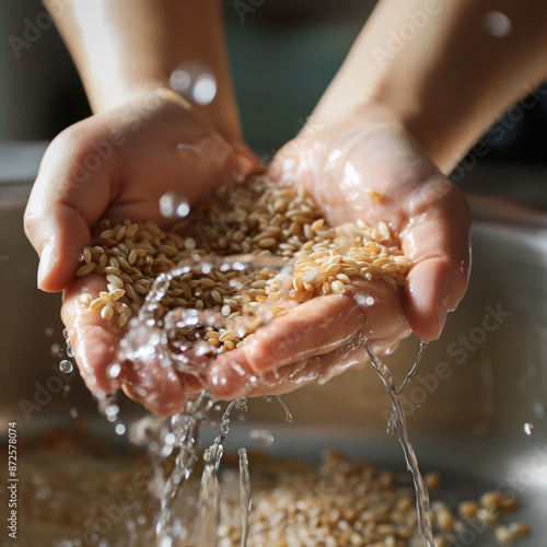 Washing brown rice by hand under running water, with attention to water droplets and rice grain texture, and cooking in the kitchen.