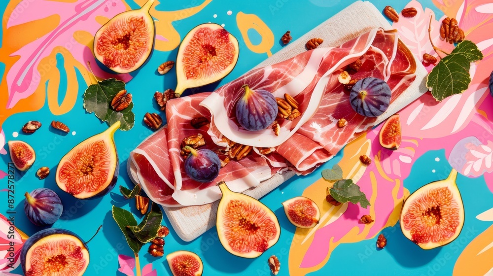 Psychedelic Artistic Display of Prosciutto with Figs and Nuts on Colorful Background - Illustrative Culinary Design with Bold Colors Psychedelic Artistic Display of Prosciutto with Figs and Nuts on Colorful Background - Illustrative Culinary Design with Bold Colors