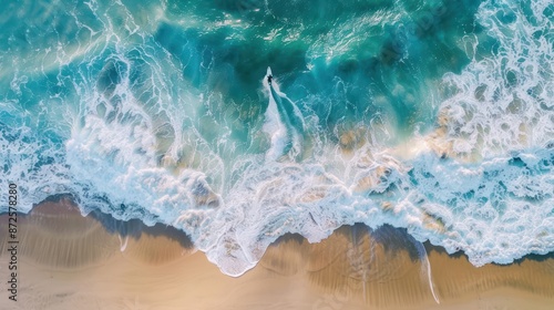 Surfer riding waves on tropical beach. 