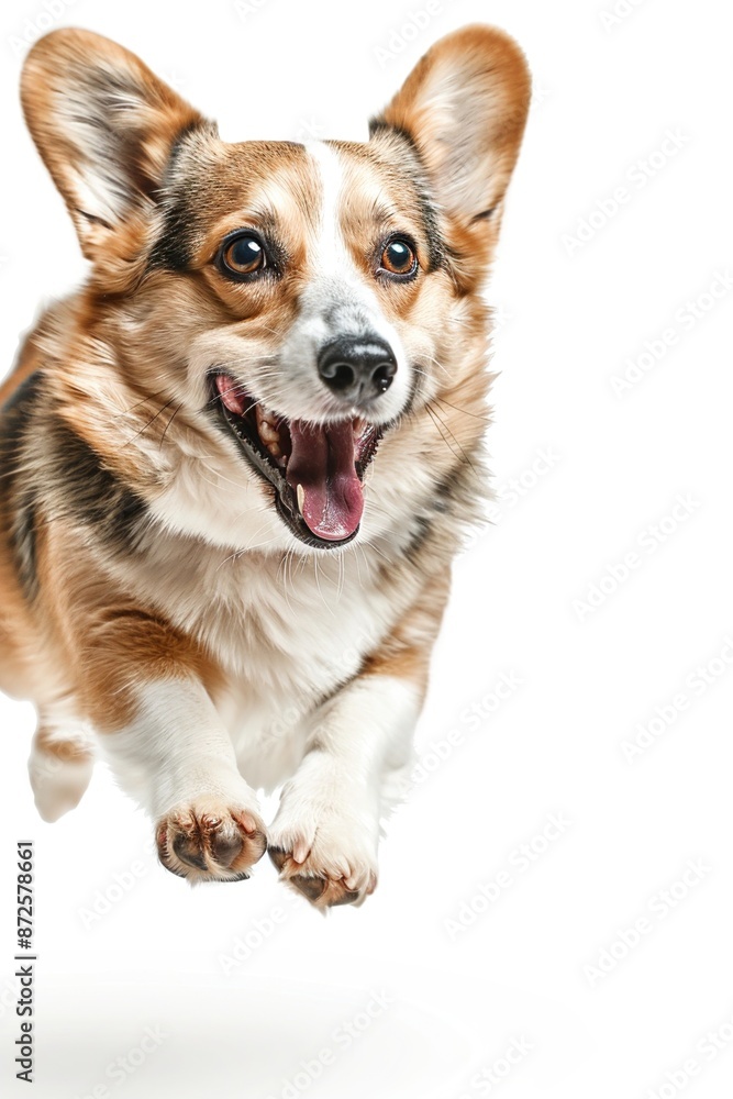 A Corgi dog jumping up with a happy expression against a white background A Corgi dog jumping up with a happy expression against a white background