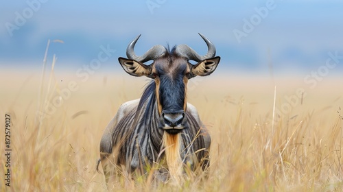 A blue wildebeest (Connochaetes taurinus) staring directly at the camera, photographed in the Mara Naboisho Conservancy in Kenya photo