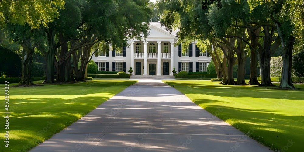 Obraz premium Elegant colonial mansion with treelined driveway stately columns and grandeur. Concept Luxurious Architecture, Colonial Elegance, Stately Columns, Grandeur, Tree-lined Driveway