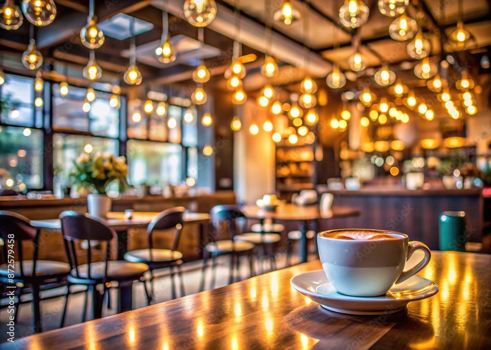 Cozy atmosphere in an upscale coffee bar with blurry bokeh background, elegant lighting, and modern decor, perfect for coffee and relaxation settings. Cozy atmosphere in an upscale coffee bar with blurry bokeh background, elegant lighting, and modern decor, perfect for coffee and relaxation settings.
