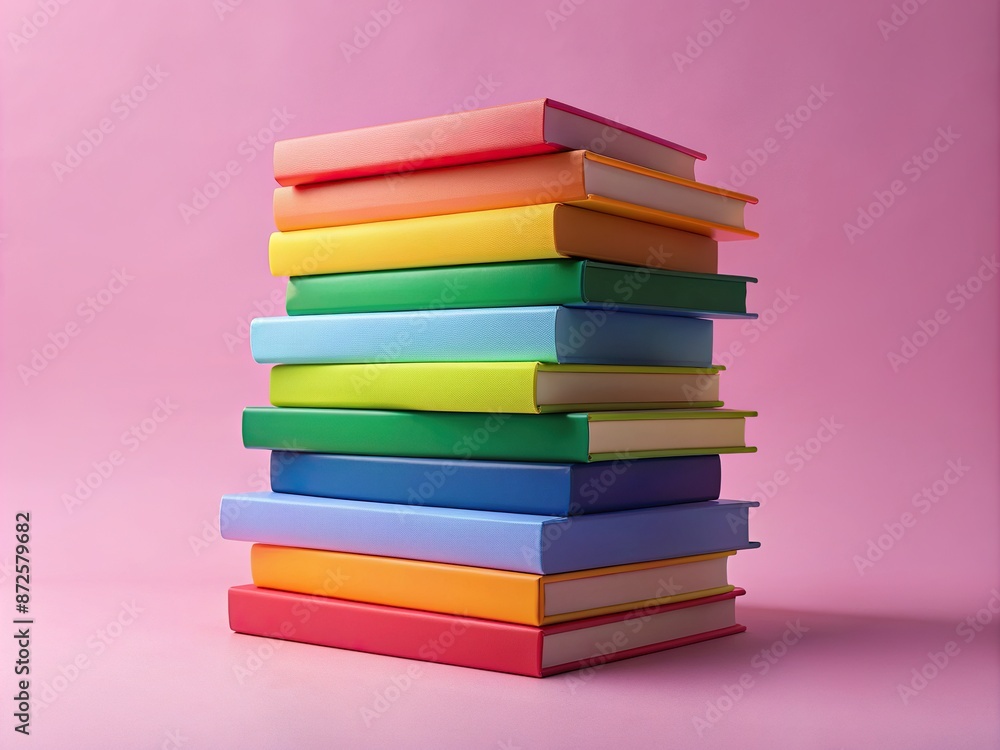 Vibrant rainbow-hued books stacked on a soft pink background, symbolizing diversity, inclusivity, and the rich stories of the LGBTQ+ community in a playful yet powerful visual. Vibrant rainbow-hued books stacked on a soft pink background, symbolizing diversity, inclusivity, and the rich stories of the LGBTQ+ community in a playful yet powerful visual.