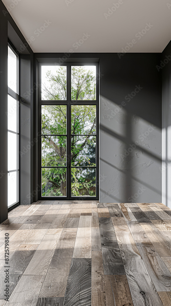 Fototapeta premium Empty room interiors in dark contrasting colors with a window filling the room with natural lighting and ample copy space. Residential interiors design, architectural concept image.