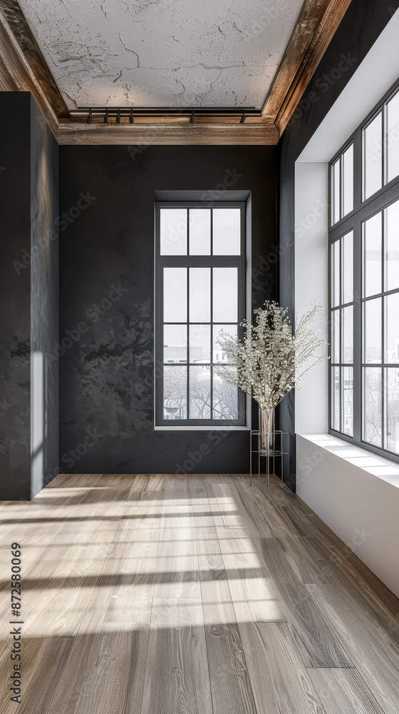 Fototapeta premium Empty room interiors in dark contrasting colors with a window filling the room with natural lighting and ample copy space. Residential interiors design, architectural concept image.