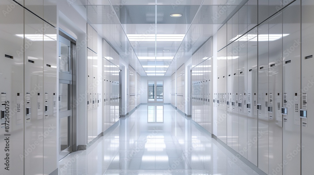 Bright and spacious school corridor with sleek, modern lockers Bright and spacious school corridor with sleek, modern lockers