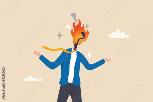 Burnout stressed or work anxiety causing depression or exhausted, tired from overworked or overload job, fatigue or trouble on emotional despair concept, businessman with burning matchstick head.