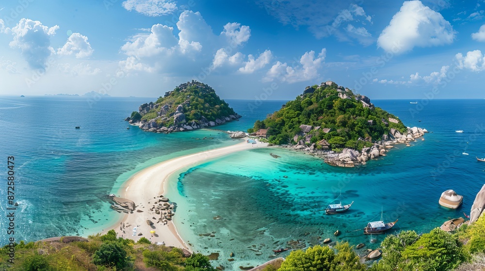 Fototapeta premium The beautiful island of Koh Nang Yuan, situated near Koh Tao in Thailand, known for its pristine beaches, crystal-clear waters, and stunning views from its viewpoints overlooking the Gulf of Thailand.