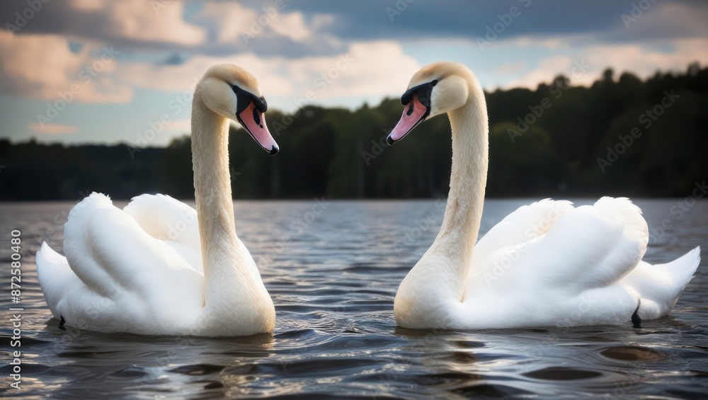 Two graceful white swans, with feathers like snow, swim in calm lake water reflecting their beauty Two graceful white swans, with feathers like snow, swim in calm lake water reflecting their beauty