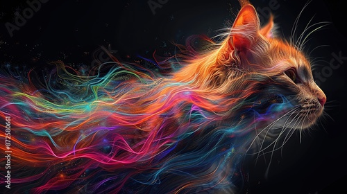 beautiful and fantastically designed silhouettes of colorful cat due to gravitational waves, beautifully designed wavelengths, very weak vibrations caused 