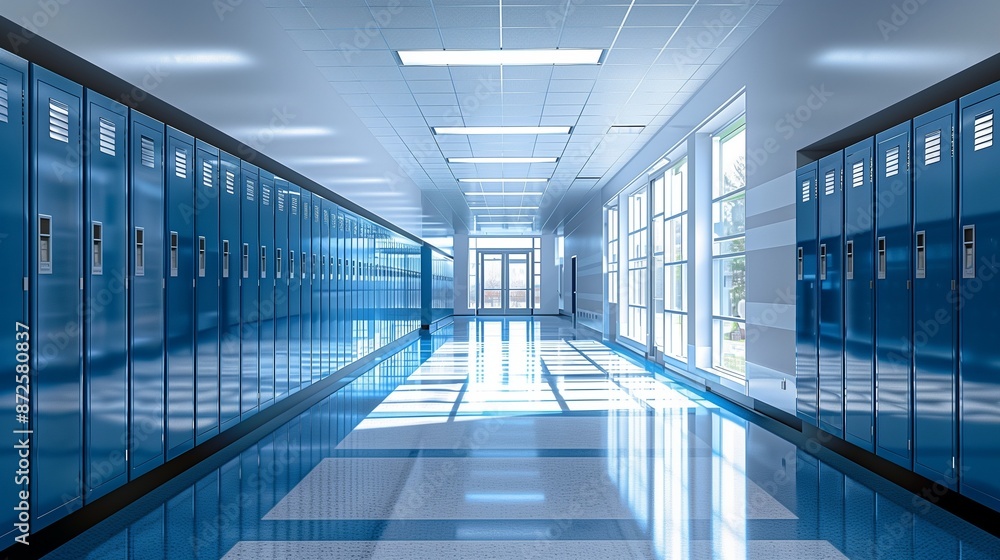 Bright and spacious school corridor with sleek, modern lockers Bright and spacious school corridor with sleek, modern lockers