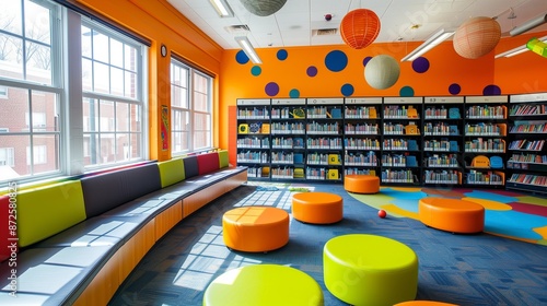 Bright and vibrant school library with sleek seating and playful decorations