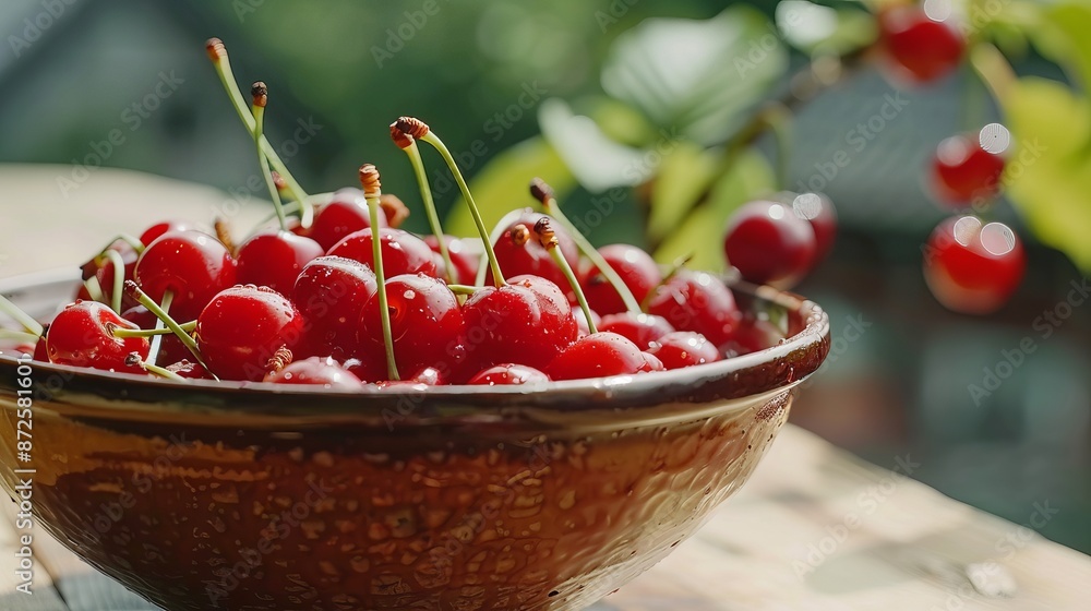 Delicious red sour cherries showcased in a close-up view, served in a brown ceramic bowl, making a tempting and nutritious dessert choice for breakfast or lunch.