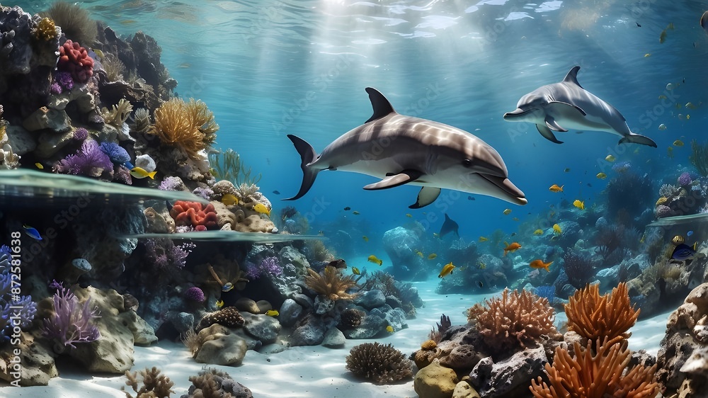 With fish and sea plants in the backdrop and two dolphins swimming around the coral reef, the image displays an underwater scene. With fish and sea plants in the backdrop and two dolphins swimming around the coral reef, the image displays an underwater scene.