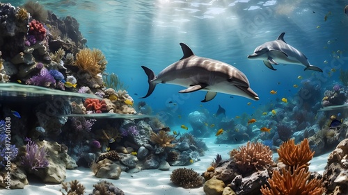 With fish and sea plants in the backdrop and two dolphins swimming around the coral reef, the image displays an underwater scene.