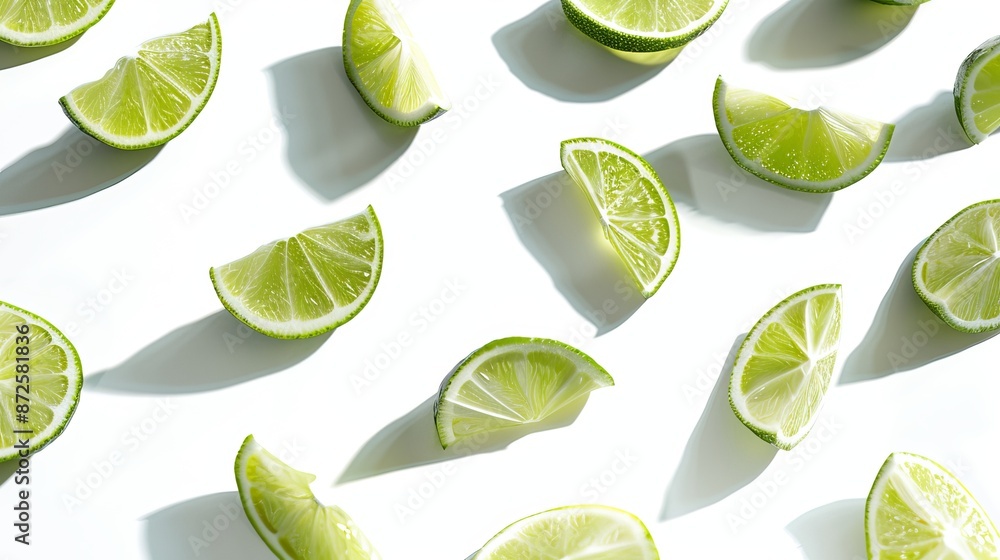 Flying lime slices scattered in various directions on a white isolated background, showcasing their vibrant color and freshness with shadows, ideal for an eye-catching advertising banner. Flying lime slices scattered in various directions on a white isolated background, showcasing their vibrant color and freshness with shadows, ideal for an eye-catching advertising banner.