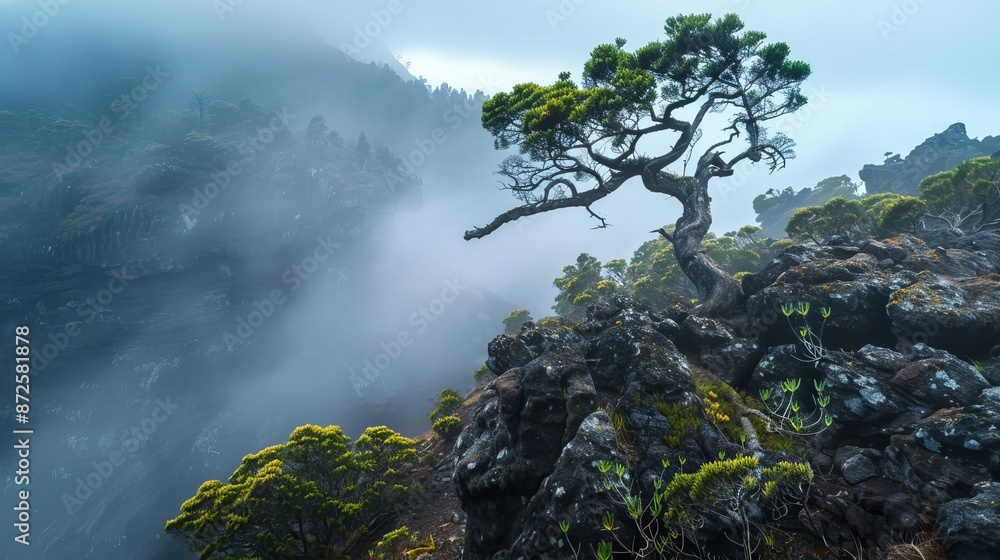 The mystical fog enveloping Garajonay National Park in La Gomera, Spain, creating an ethereal and serene atmosphere amidst the lush greenery and ancient laurel forest. The mystical fog enveloping Garajonay National Park in La Gomera, Spain, creating an ethereal and serene atmosphere amidst the lush greenery and ancient laurel forest.