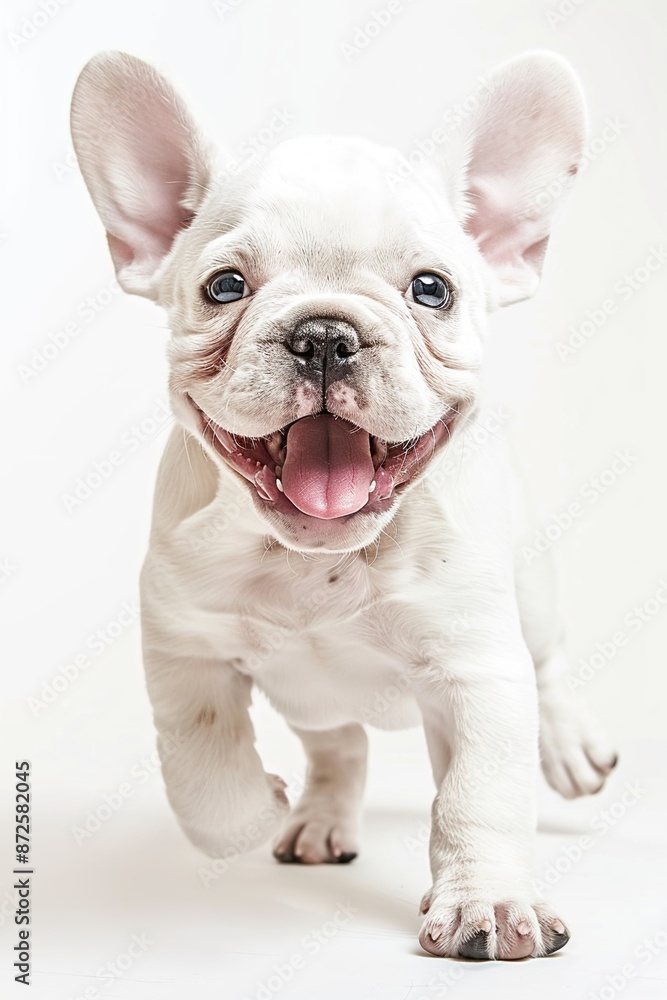 A white French Bulldog puppy is shown in a full body shot with a happy, smiling expression and teeth showing as it walks with intricate details and a highly detailed pose against a white background. A white French Bulldog puppy is shown in a full body shot with a happy, smiling expression and teeth showing as it walks with intricate details and a highly detailed pose against a white background.