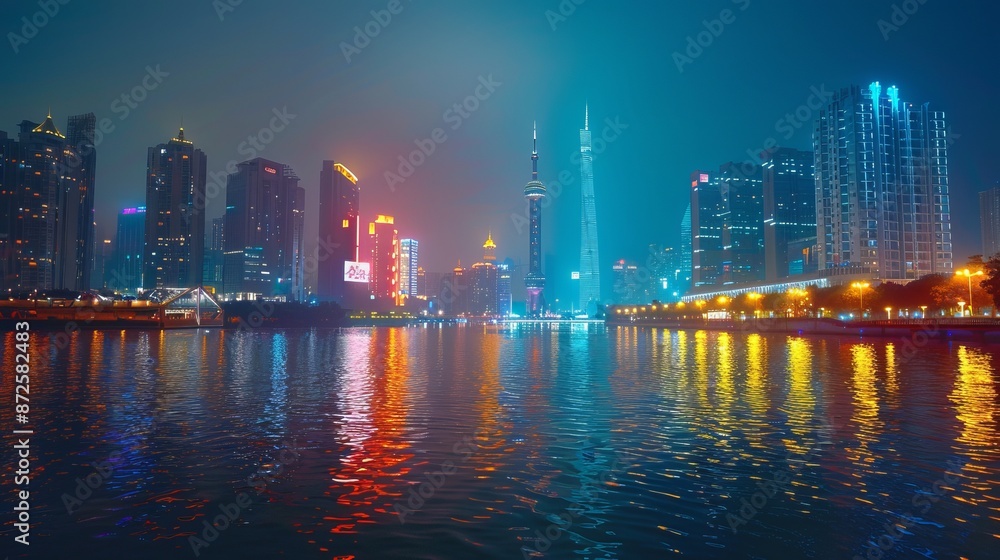 Obraz premium The cityscape of Guangzhou, showcasing its modern skyline, bustling streets, and vibrant urban atmosphere.
