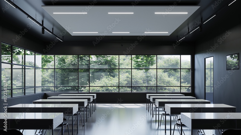 Classroom with minimalist black and white design, clean lines, and plenty of natural light Classroom with minimalist black and white design, clean lines, and plenty of natural light