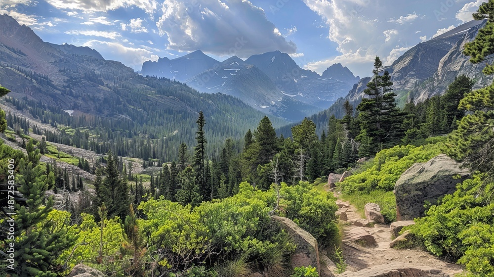 Fototapeta premium Scenic mountain vistas along a hiking trail in Rocky Mountain National Park.