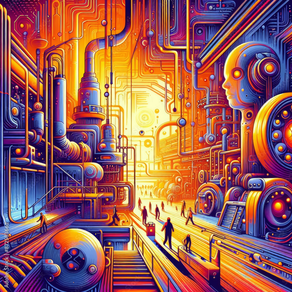 Illustration vector of Conceptual art of Industry 5.0, humans and AI in a surreal factory environment, Artistic Image, Surrealism and Futurism, complex and otherworldly machinery, fantasy vivid colors Illustration vector of Conceptual art of Industry 5.0, humans and AI in a surreal factory environment, Artistic Image, Surrealism and Futurism, complex and otherworldly machinery, fantasy vivid colors