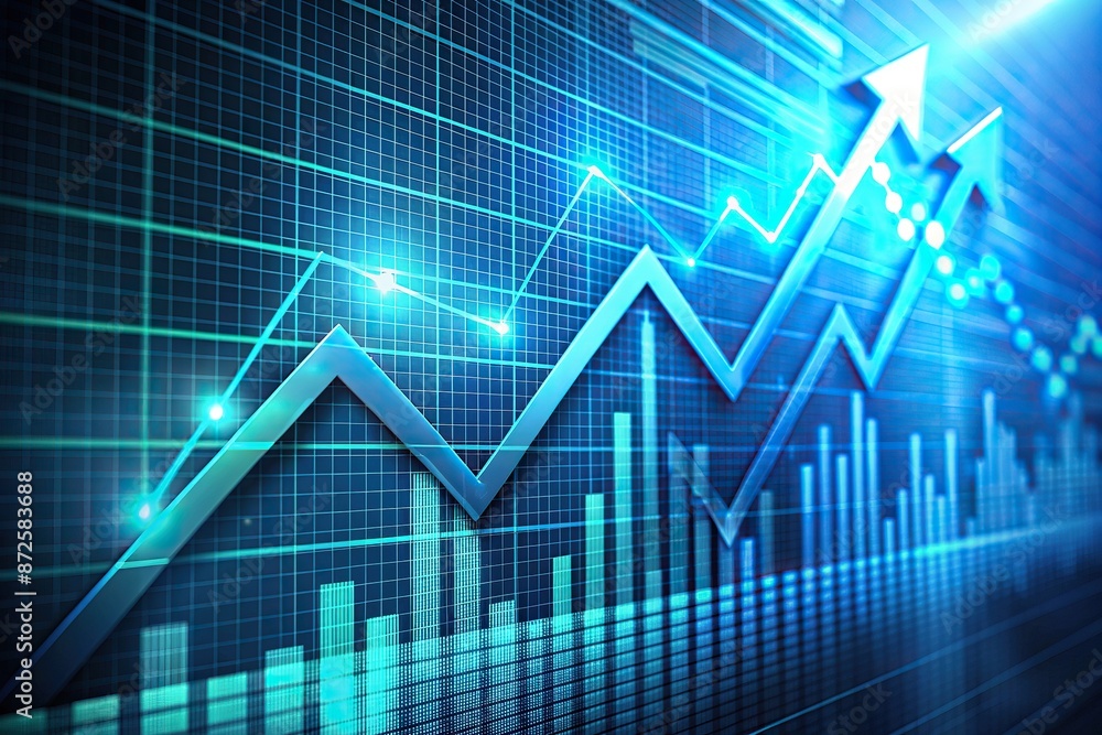 Upward trending arrow and increasing lines on a digital screen display rapid financial growth and successful stock market investment trading performance over time. Upward trending arrow and increasing lines on a digital screen display rapid financial growth and successful stock market investment trading performance over time.