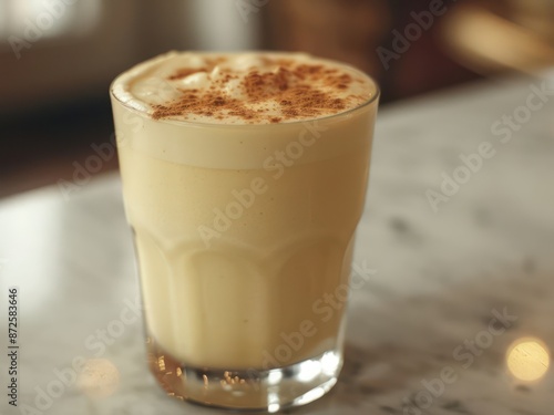 A glass of milk with a cinnamon topping