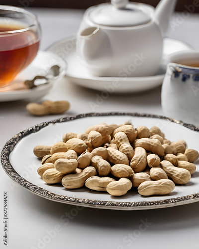 peanuts, white plate, tea, snack, food, nut, nuts, healthy, organic, vegetarian, vegan, breakfast, afternoon tea, gourmet, delicious, tasty, natural, organic food, appetizer, crunchy, roasted, salted,