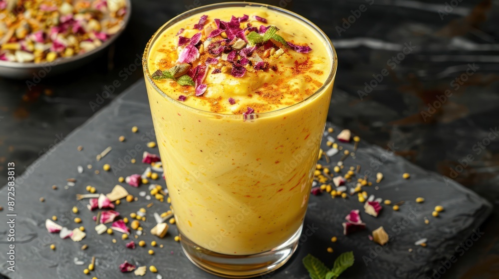 A glass of smoothie with a lot of powder on top A glass of smoothie with a lot of powder on top