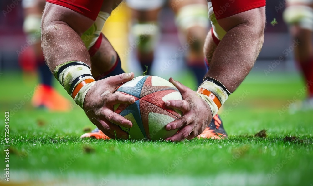 A rugby player's hands gripping the ball, with the field and players in the background A rugby player's hands gripping the ball, with the field and players in the background