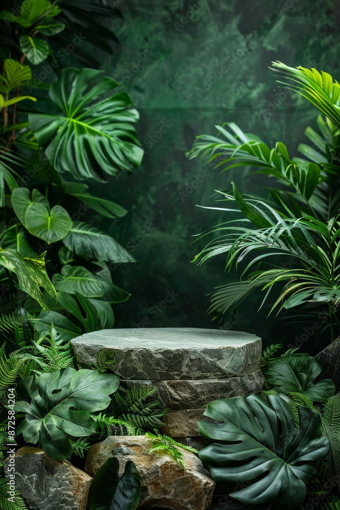 Stone podium nestled in lush greenery for product display against a green backdrop. Stone podium nestled in lush greenery for product display against a green backdrop.