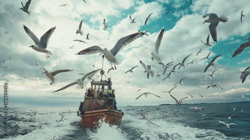 Seagulls soaring gracefully above a fishing boat in Hokkaido, Japan, adding a touch of coastal charm to the scenic maritime scene.