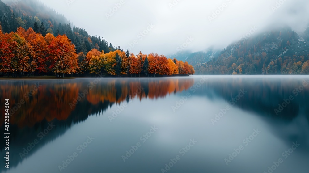 Obraz premium Serene autumn landscape with vibrant foliage reflected in a calm lake, creating a peaceful and picturesque scene.