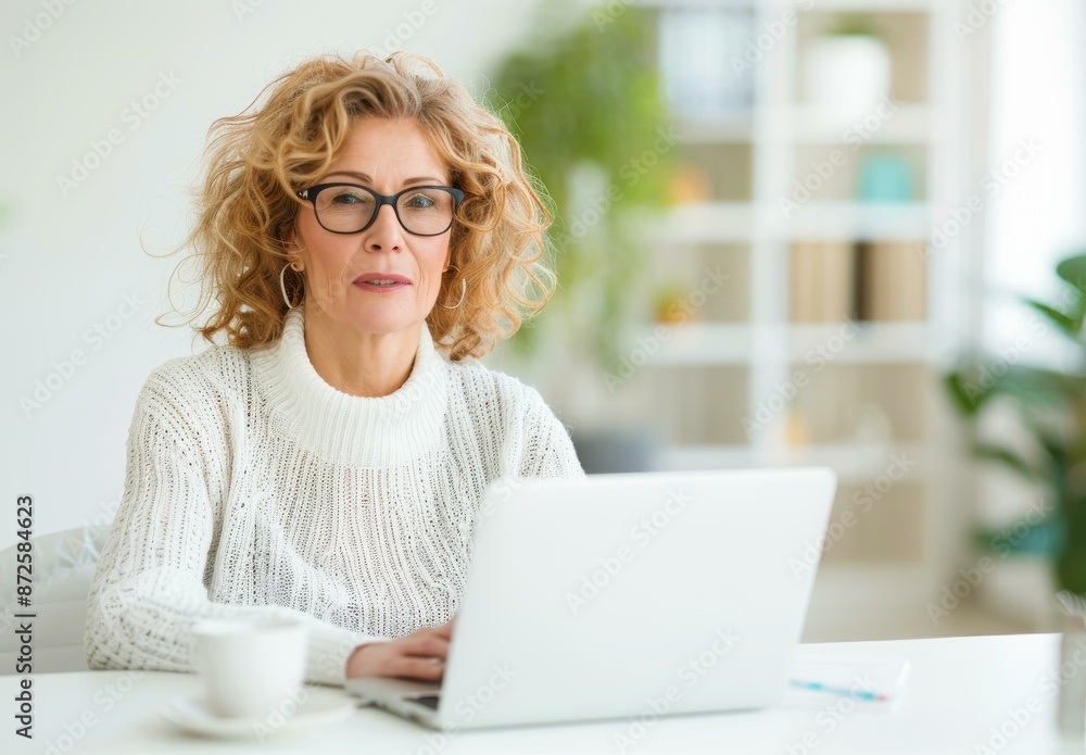A woman with red hair working on a laptop in a cozy setting with warm lighting. A woman with red hair working on a laptop in a cozy setting with warm lighting.