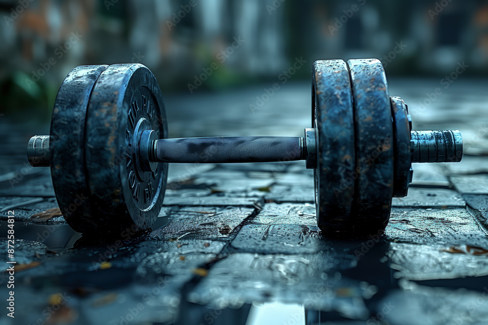 Olympic weights, barbell and plates on the gym floor, black background, dark mood Olympic weights, barbell and plates on the gym floor, black background, dark mood