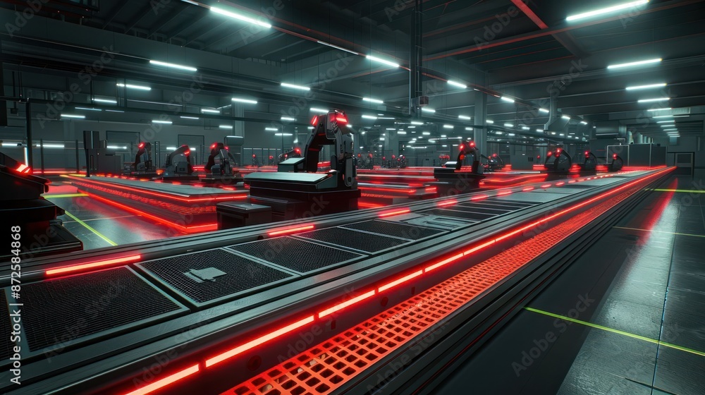 A futuristic industrial setting with red lights and robots A futuristic industrial setting with red lights and robots
