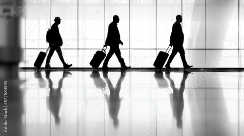 Silhouettes of three people with luggage walking through an airport terminal. Travel and transportation concept in black and white.