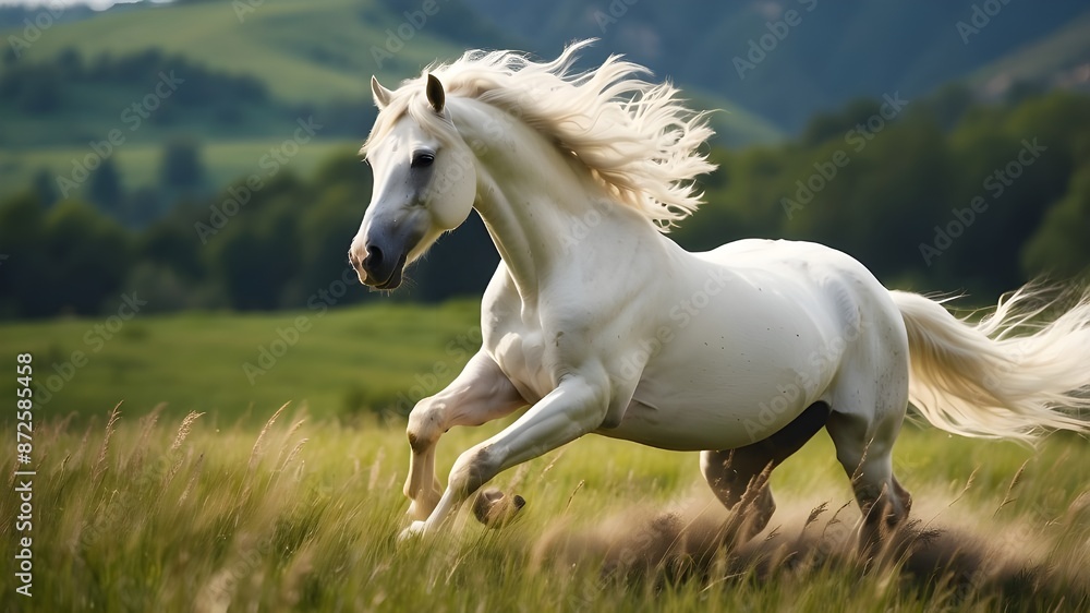 A majestic white stallion runs freely in the vast green grassland, his mane billowing in the breeze like a banner of freedom. A majestic white stallion runs freely in the vast green grassland, his mane billowing in the breeze like a banner of freedom.