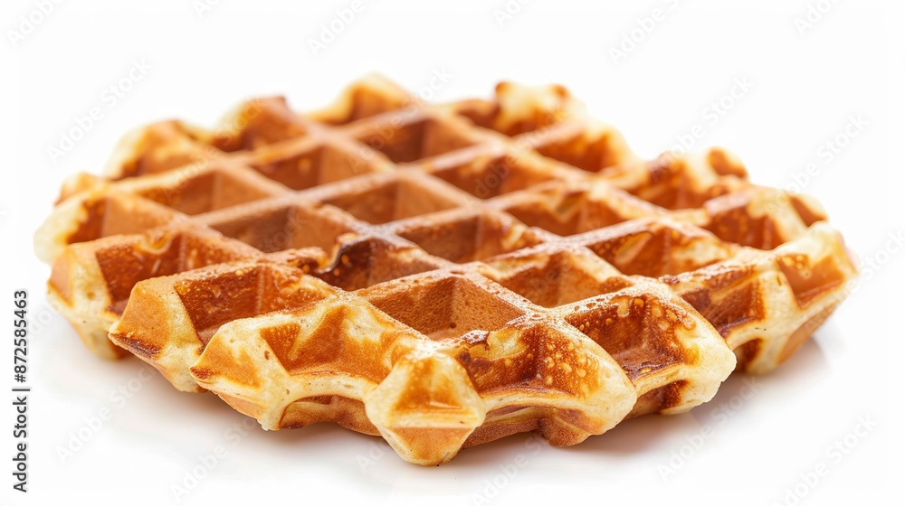 A waffle placed on a white background, isolated to highlight its texture and appearance. A waffle placed on a white background, isolated to highlight its texture and appearance.