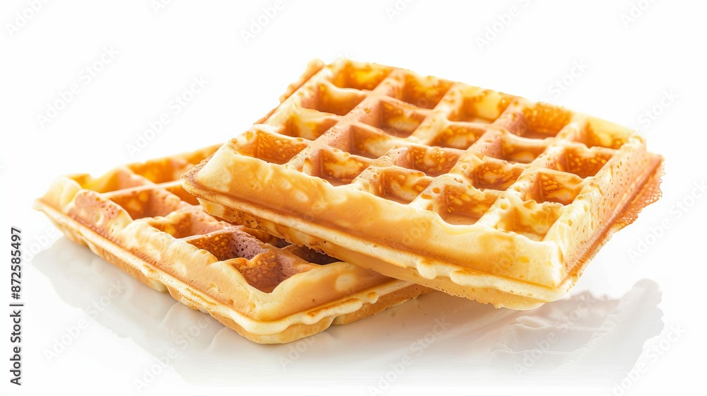 A waffle placed on a white background, isolated to highlight its texture and appearance. A waffle placed on a white background, isolated to highlight its texture and appearance.