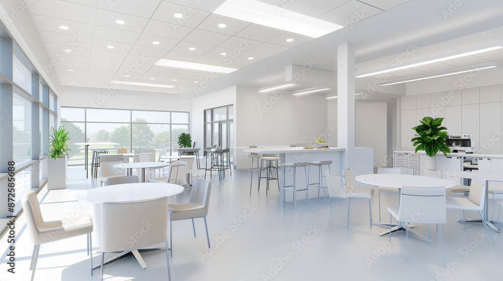 Contemporary workspace with a relaxed cafe-style break area for refreshments and socializing. Contemporary workspace with a relaxed cafe-style break area for refreshments and socializing.