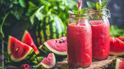 A watermelon smoothie served in a rustic style, featuring a chilled glass jar filled with the refreshing beverage, garnished with a slice of watermelon. photo