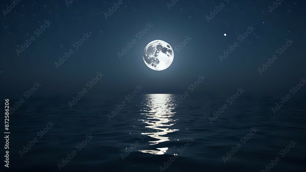 A full moon shines over a calm ocean at night, with stars twinkling in the dark sky. A full moon shines over a calm ocean at night, with stars twinkling in the dark sky.