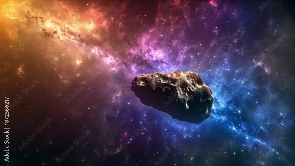 This asteroid travels through a vast, colorful nebula in space. This asteroid travels through a vast, colorful nebula in space.