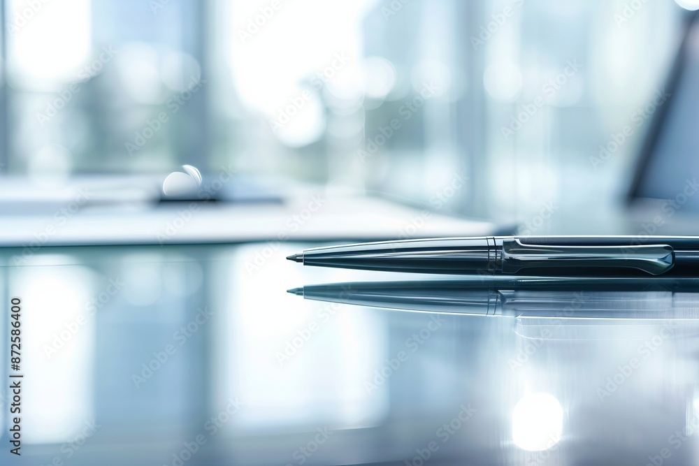 Modern ballpoint pen with a sleek design on a corporate desk, side view, showcasing functionality and professionalism, digital tone, Analogous Color Scheme Modern ballpoint pen with a sleek design on a corporate desk, side view, showcasing functionality and professionalism, digital tone, Analogous Color Scheme
