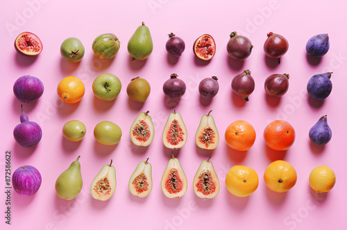 An assortment of various fruits neatly arranged in rows on a pastel purple background