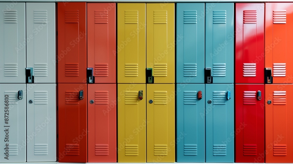 Colorful school lockers with a modern design and sleek handles Colorful school lockers with a modern design and sleek handles