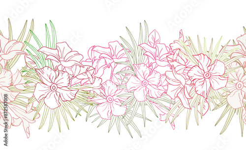 Jasmine flower and palm leaves line art seamless pattern boarder for textile, scrapbook or wallpaper. Delicate tropical flower, vector background